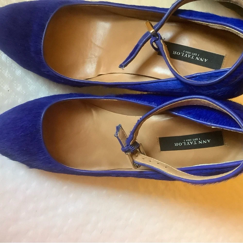 Ann Taylor cobalt blue-platform calf hair wedge heels with ankle buckle strap 7